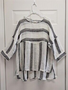 Namsar 100% Linen Gauze Tunic Top Stripes Oversized Boxy Boho Lagenlook L/XL